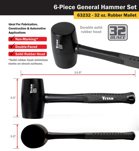 32 oz Rubber Mallet from Six Piece Hammer Set With 16 Oz And 32 Oz Ball Peen Hammers, 32 Oz Rubber Mallet, 32 Oz Dead Blow Hammer