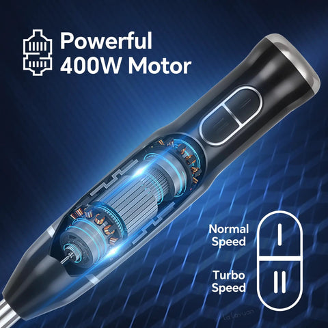 Cutaway view of Badass Cordless Hand Blender With High Octane 400 Watt Motor showing powerful motor and speed controls.
