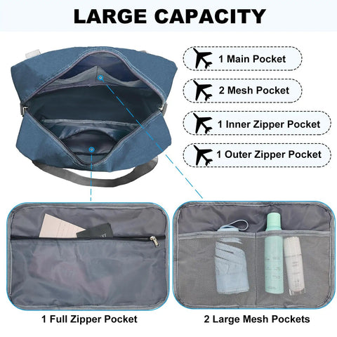 Underseat Carry On Duffle Bag 30L For Airplanes Foldable Travel Tote 18x14x8 Inches navy interior view with large capacity pockets