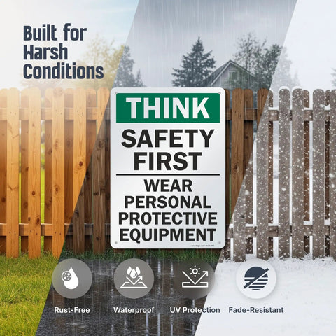 Think Safety First Wear Personal Protective Equipment Sign 10 By 14 Inch Aluminum Non Reflective Rust Free Durable 40 Mil Metal Sign With Four Corner Holes For Easy Mounting