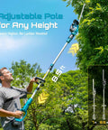 Man using Pole And Cordless Hedge Trimmer 2-In-1 Electric Bush Trimmer with adjustable telescopic pole to trim tall shrubs.