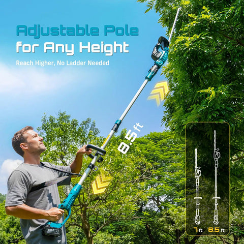 Man using Pole And Cordless Hedge Trimmer 2-In-1 Electric Bush Trimmer with adjustable telescopic pole to trim tall shrubs.