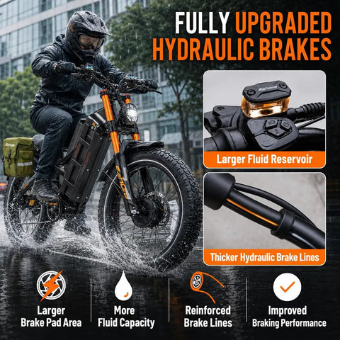 Heavy Duty Dual Motor Electric Bike For Adults, 6000W 52Mph Beast Mode Off Road E Bike With 300 Mile Range, 26x4.0 Fat Tires And Full Suspension Weekend Warrior Rig showcasing upgraded hydraulic brakes in rainy conditions.