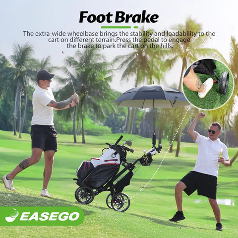 Link Ready Four Wheel Golf Push Cart All Terrain Walking Caddy With Beast Mode Slope Stability Rugged Pull Trolley Built Different For smooth course walks and weekend tours with foot brake on a golf course.
