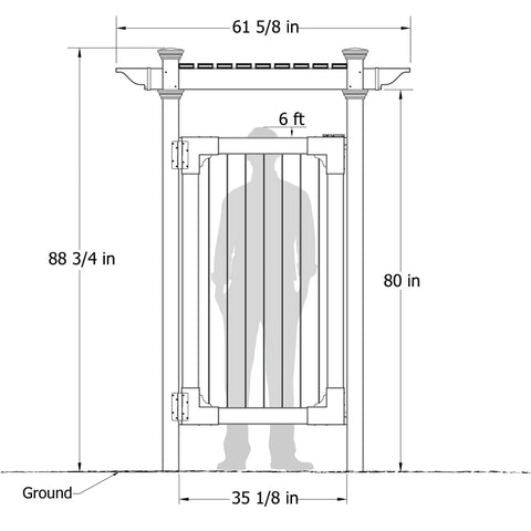 Spacious White Vinyl Outdoor Shower Enclosure With Privacy Door For Pool And Beach No Muss No Fuss, dimensions shown in design.