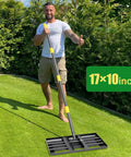 Heavy Duty Lawn Leveling Rake For Soil And Ground, 17x10 stainless steel leveler with adjustable handle on green lawn