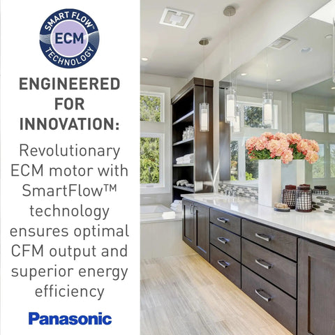Modern bathroom with WhisperValue DC Bath Exhaust Fan With Pick A Flow 50 80 Or 100 CFM ECM Motor above mirror.