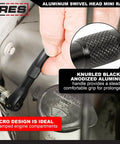 Black Quarter-Inch Drive Mini Ratchet With 90-Tooth Swivel Head, 250-Degree Range, Chrome Moly Steel Gears, Rust-Resistant Anodized Head, Knurled Grip, Compact Design For Tight Spaces And Quick, Smooth Turn used in tight engine compartment