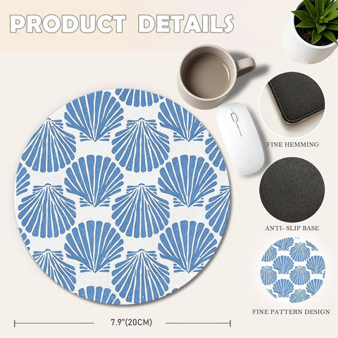 Blue Coastal Seashell Round Mouse Pad For Desk With Non Slip Base, Smooth Control, 7.9 Inch Diameter, Fine Patterns