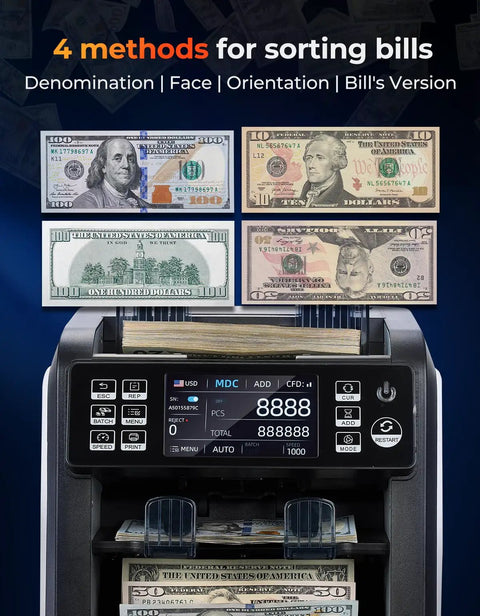 IMC23 Cash Counter Machine With Mixed Denominations, Reject Pocket, Counterfeit Detection, currency sorting display