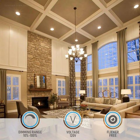 Living room with Premium Series 8 Inch Ultra Thin LED Recessed Ceiling Light With J Box Dimmable 18W 3000K CRI90 installed
