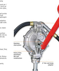 This Heavy Duty Double Diaphragm Hand Fuel Transfer Pump Delivers Quick Eight Hundred Ml Strokes and includes an eight foot anti static hose.