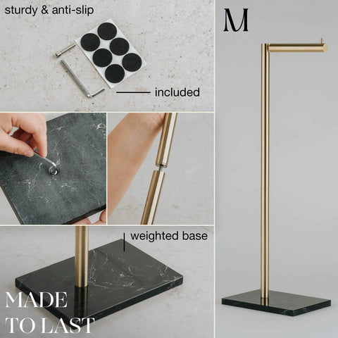 Free Standing Gold Toilet Paper Holder Stand With Black Marble Base And Storage No Drill Hassle Free Setup Fits 4 Jumbo Rolls Stainless Steel Bathroom Tissue Organizer Modern Bath Decor Accessory with anti-slip pads and weighted base.