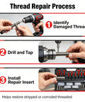 Metric Helicoil Kit For Auto And Industrial Repairs, Pro Grade Quick Fix Strength Inserts To Restore Damaged Threads, step 1 thread repair process