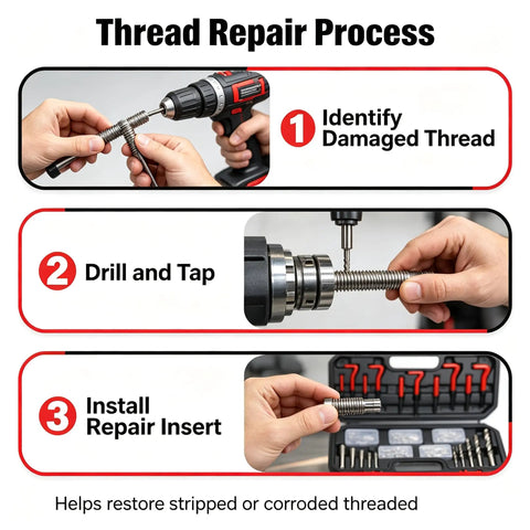 Metric Helicoil Kit For Auto And Industrial Repairs, Pro Grade Quick Fix Strength Inserts To Restore Damaged Threads, step 1 thread repair process