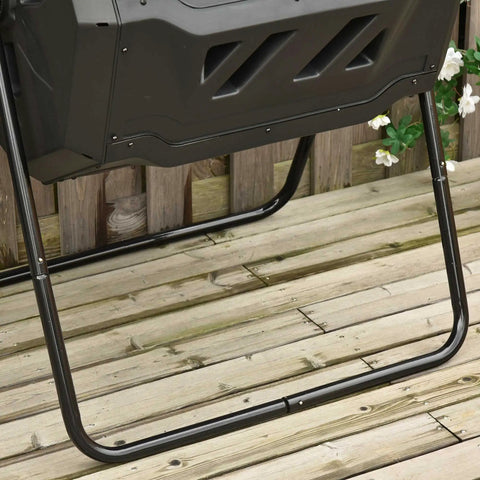 Dual Chamber 43 Gallon Rotating Compost Tumbler With 360 Degree Tumbling, Deep Fins And Aeration Vents, outdoor use on wooden deck