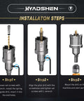 HYADSHEN 17pc hole saw kit infographic showing installation steps with drill chuck and L-wrenches