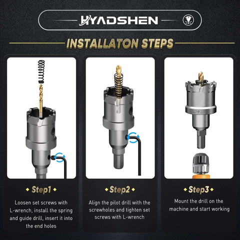 HYADSHEN 17pc hole saw kit infographic showing installation steps with drill chuck and L-wrenches