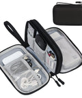 Travel Cable Organizer Pouch For Electronics Gear Accessories Carry Case Portable Waterproof Dual Layer All In One Storage Bag For Cords Chargers Phones Earbuds Black, open view with compartments and mesh pockets.