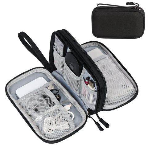 Travel Cable Organizer Pouch For Electronics Gear Accessories Carry Case Portable Waterproof Dual Layer All In One Storage Bag For Cords Chargers Phones Earbuds Black, open view with compartments and mesh pockets.