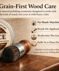 Killer Wood Scratch Repair Balm And Furniture Polish For Finished Countertops No Color Matching Needed, tin and brush on a wooden surface.
