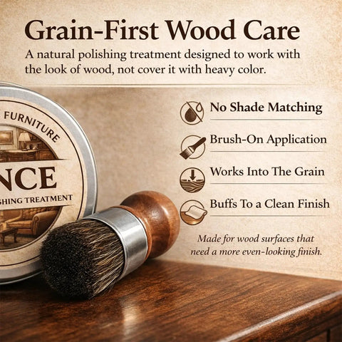 Killer Wood Scratch Repair Balm And Furniture Polish For Finished Countertops No Color Matching Needed, tin and brush on a wooden surface.
