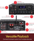 Home Karaoke Amp Receiver With Bluetooth Streaming And Two Hundred Watt Peak Power Dual Mic Inputs With Delay And Reverb Two Point Oh Channel Hi Fi Sound System USB A MP3 Player RCA And Aux showing front and back view with input outputs