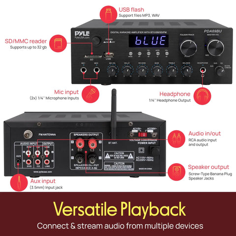 Home Karaoke Amp Receiver With Bluetooth Streaming And Two Hundred Watt Peak Power Dual Mic Inputs With Delay And Reverb Two Point Oh Channel Hi Fi Sound System USB A MP3 Player RCA And Aux showing front and back view with input outputs