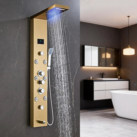 Heavy Duty Led Five In One Shower Panel Tower System With Brushed Gold Finish And Rock Solid 304 Stainless Steel Frame For Quick Hookup And Daily Showers