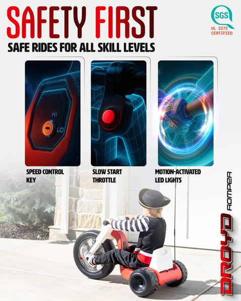 Romper Electric Tricycle For Kids 3 Plus Years, 24V Ride On Toy With speed control, throttle, LED lights, outdoor play