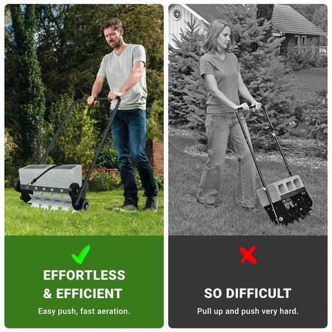 Man using 18 Inch Push Lawn Aerator With Four Wheels And 45 Inch Handle Heavy Duty Spike Drum Aerator, easy rolling on lawn