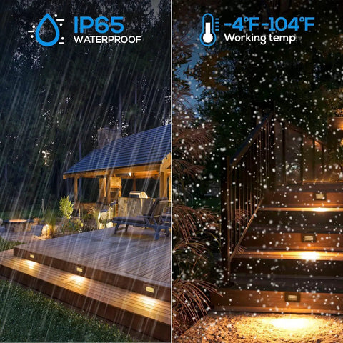 Set Of 6 120V LED Step Lights Dimmable 5 To 100 Percent 170 Lumen Warm White 3000K Stair Lights For Indoor And Outdoor Use, shown in rain and snow.