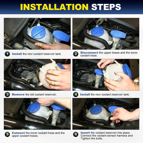 Installation steps for Heavy Duty Front Engine Coolant Reservoir Expansion Tank With Cap For Audi A3 Q3 TT And Volkswagen Beetle Eos Golf Passat Jetta Drop In Replacement Radiator Overflow Tank 1K0121407A