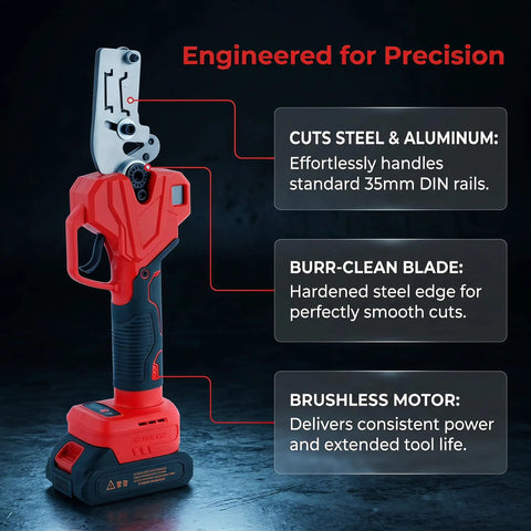 Rechargeable Electric DIN Rail Cutter Tool With Double Groove For 35mm Wide And 7.5mm High Aluminum And Steel Rails Portable Pro Grade Cutter For Clean Fast Professional Cuts, shown with brushless motor