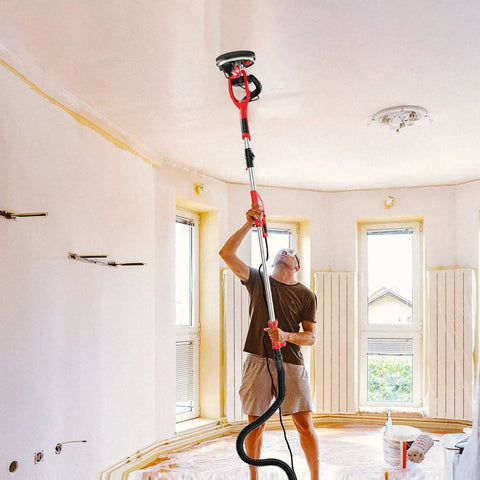 Man using Powerful 750W Drywall Sander With 12 Discs, Variable Speed 800-1750 RPM, LED Light, Long Hose, Dust Bag, Model YT-916