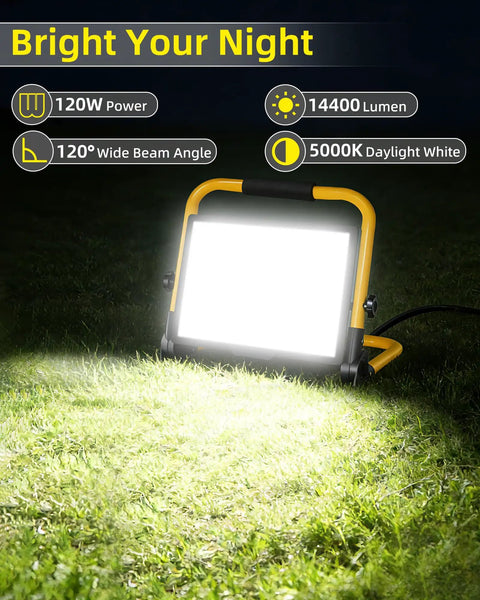 14400 Lumens LED Work Light With 120W Flood Light 16 Ft Cord And Switch Portable Stand Work Light For Job Sites Workshops