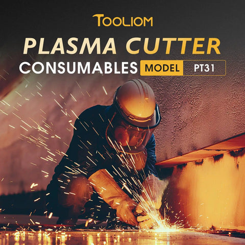 Worker using plasma cutter with Plasma Cutter Torch Consumables Kit With 110 Pcs Pro Grade Electrodes Nozzles Cups Rings Tips For PT31 Ideal For CUT40 And CUT50 And LG40 Torches Compatible With ESAB L Tech PT31 JG 4 Torches