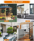 Heavy Duty Adjustable Stair Handrail Rock Solid Wall And Floor Mounted Wrought Iron Safety Rail Built Tough For One To Three Steps No Sweat Installation In Matte Black Steel shown in garden, porch, home, and indoor stairs settings.