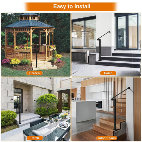 Heavy Duty Adjustable Stair Handrail Rock Solid Wall And Floor Mounted Wrought Iron Safety Rail Built Tough For One To Three Steps No Sweat Installation In Matte Black Steel shown in garden, porch, home, and indoor stairs settings.