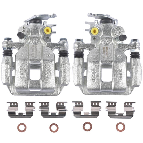 Two silver disc brake caliper assemblies with brackets and hardware for rear left and right Honda/Acura models.
