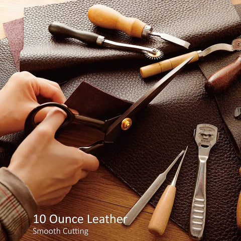 Person using Pro Grade Heavy Duty 10 Inch Fabric Scissors For Leather Sewing And Tailoring on leather with tools nearby