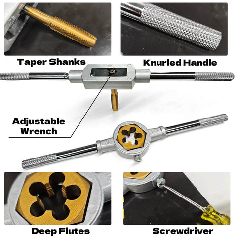 All In One 86 Piece SAE And Metric Tap And Die Set For Threading showing knurled handle, taper shanks, adjustable wrench, deep flutes.