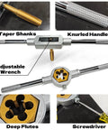 Close-up of 86 Piece Pro Grade SAE And Metric Tap And Die Set With Holders And Gauges For Internal And External Threading M3 To M16 Coarse And Fine Threads Rethreading Tool Kit For Mechanics And DIYers, showing adjustable wrench, knurled handle, taper shanks, deep flutes, screwdriver.