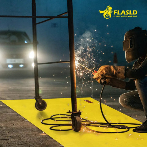 Worker welding with sparks on Heavy Duty Welding Blanket 10x12 Fireproof Spark Guard For Welding, Cutting And Soldering, Heat Safe To 1472 F, Yellow Protective Cover For Sparks, Slag, And Fires In Your Workshop placed on floor.