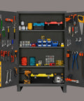 Heavy Duty 12 Gauge Steel Storage Cabinet With Pegboard Door And Adjustable Shelves, Built Different For Garage And Workshop Spaces showcasing tools and organization.