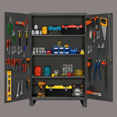 Heavy Duty 12 Gauge Steel Storage Cabinet With Pegboard Door And Adjustable Shelves, Built Different For Garage And Workshop Spaces showcasing tools and organization.