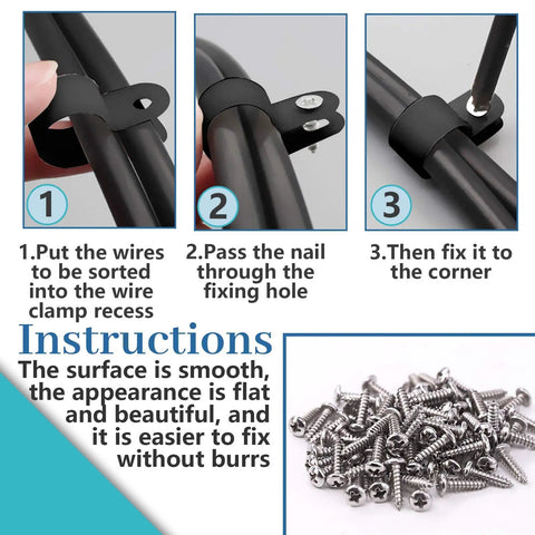 1 Inch Black Nylon R Type Cable Clip Kit With 60 Clips And 60 Screws For Wires Cables Conduits And Cable Management instructions shown