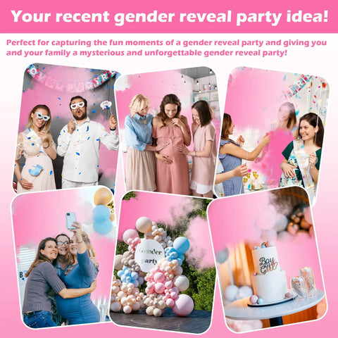 Hella Dope Gender Reveal Smoke Powder Spray Canister With Extended Range Eco Friendly Biodegradable Corn Starch Party Cloud For Boys Blue And Girls Pink Celebration Vibes in a vibrant gender reveal party setting.
