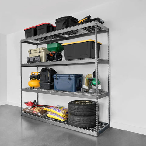 Boss Level Steel Garage Shelving Rack Featuring Four Adjustable Shelves Crushing Five Hundred Pounds Each Rugged Hammered Finish And Heavy Duty L Channel Beams Built Tough For Serious Storage Without The Hassle