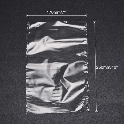 Polyolefin Shrink Wrap Bags 10 X 7 Inch Clear Heat Seal Film 100 Pack side view with dimensions shown and vent hole.